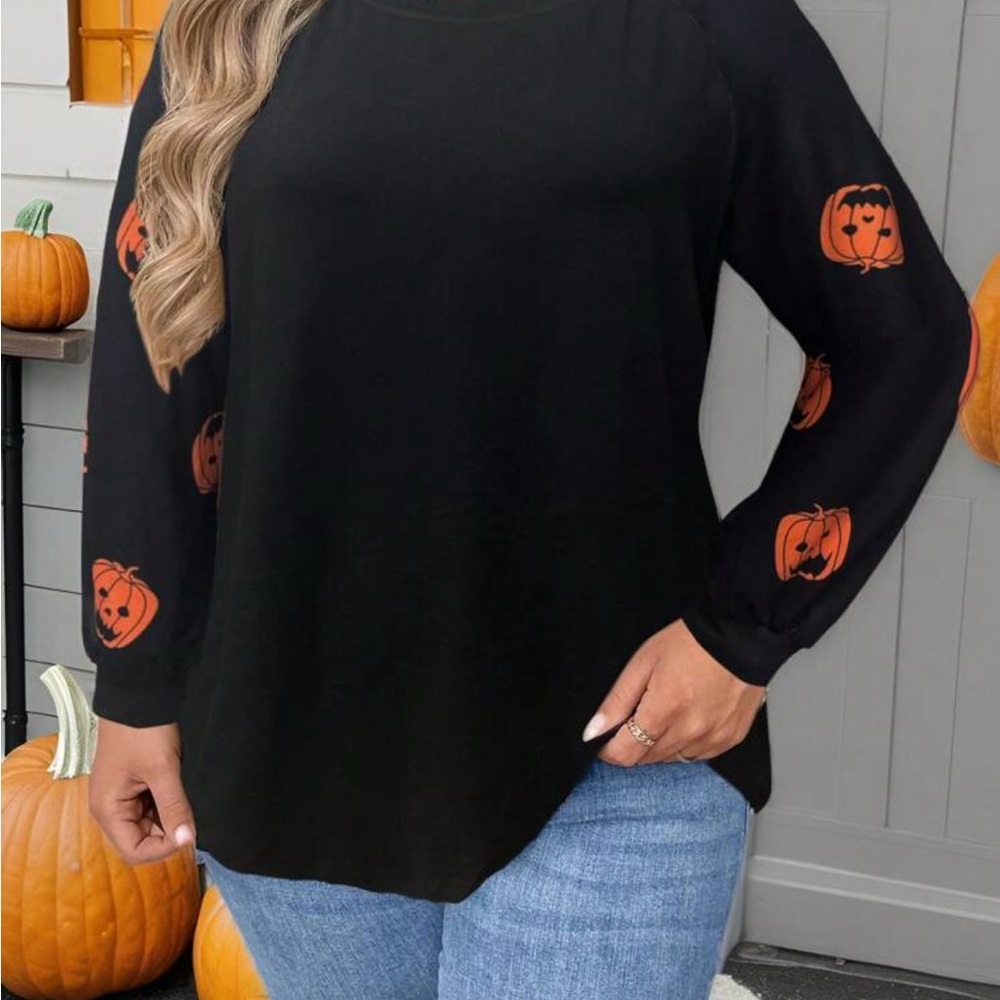 SHEIN Black Long Sleeve Shirt with Orange Pumpkin Sleeves